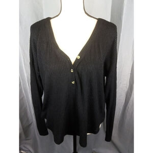Women's Colsie Black Ribbed Long Sleeve Henley Top, size L
